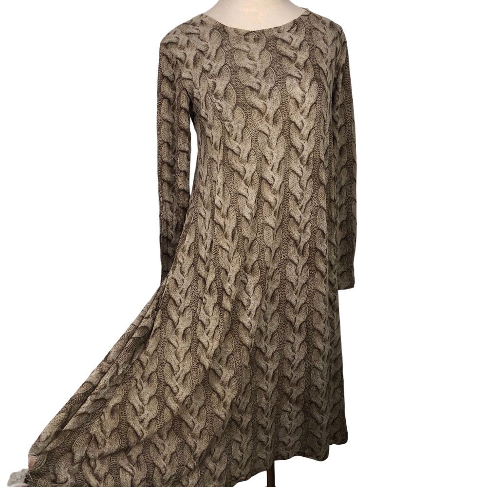 Samantha Sung Dress Brown Cable Knit Print Hand Painted Wool Silk Blend